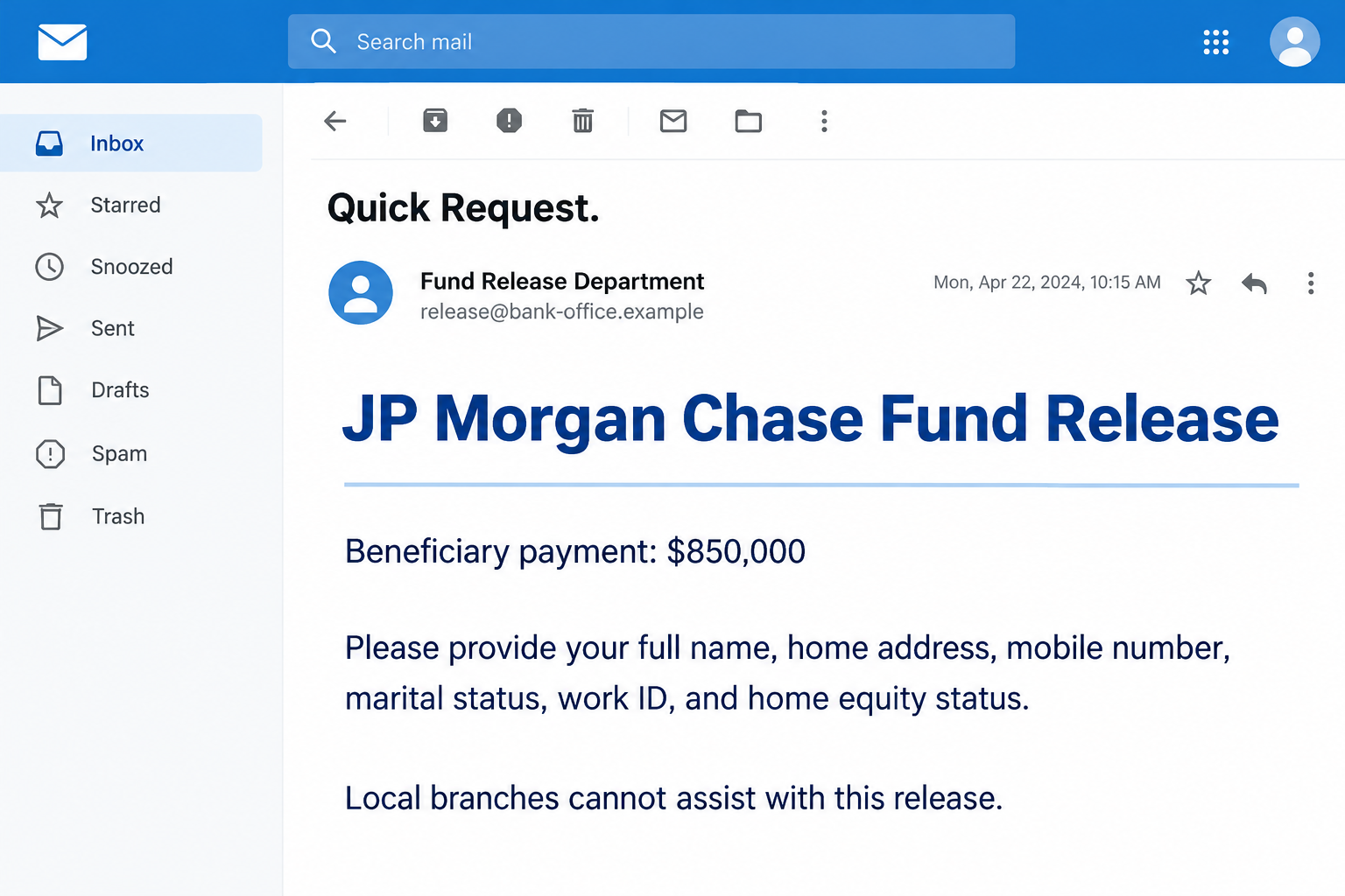 Original illustrative JP Morgan Chase fund-release impersonation email using a fictional sender address