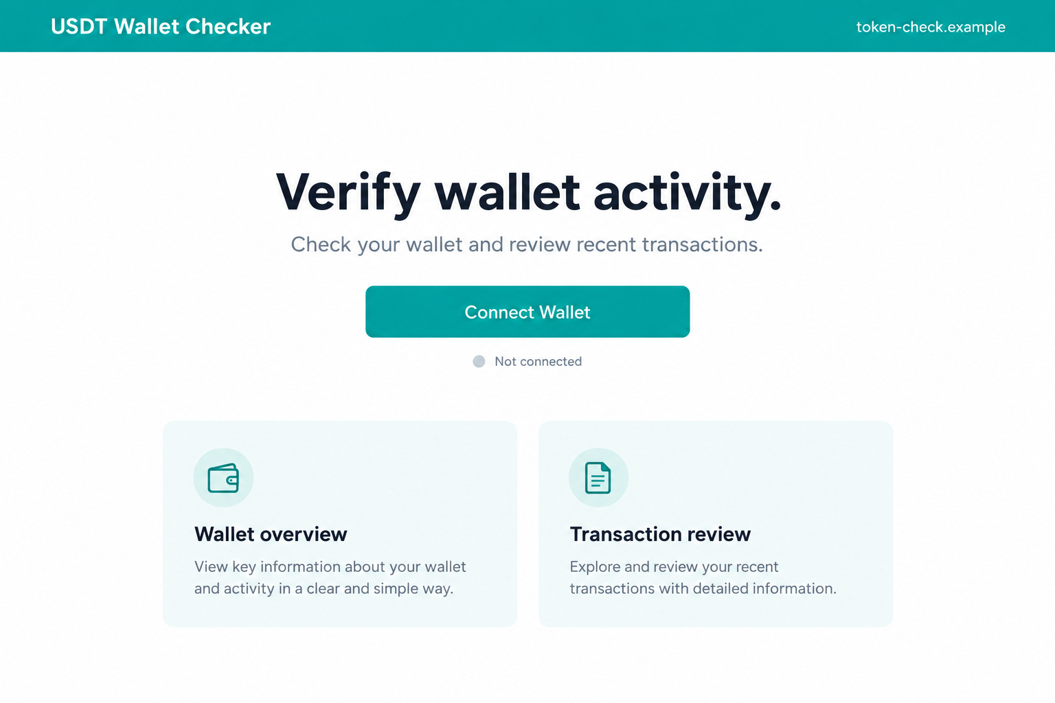 Illustrative USDT wallet checker interface with a connect wallet button and a fictional example address