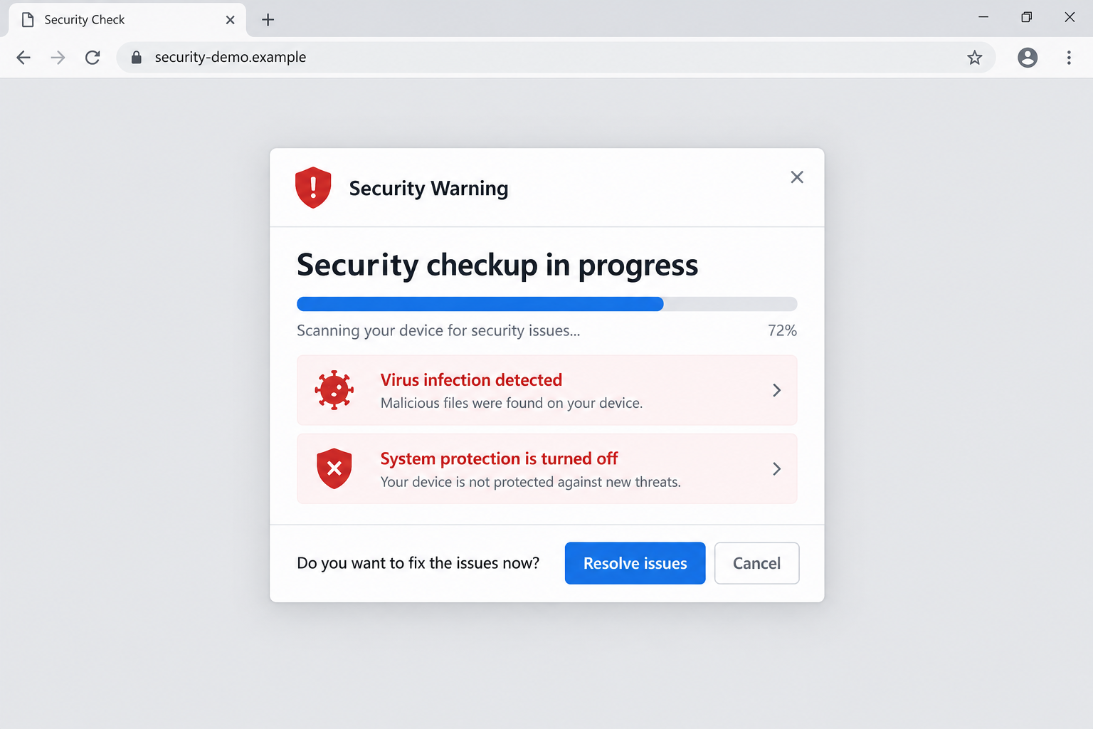 Illustrative browser pop-up claiming a virus and disabled system protection with a resolve button