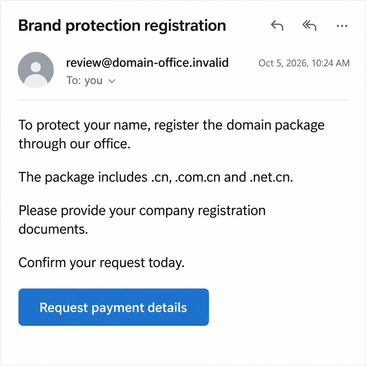 Illustrative fictional follow-up email offering an urgent Chinese-domain package and requesting company documents