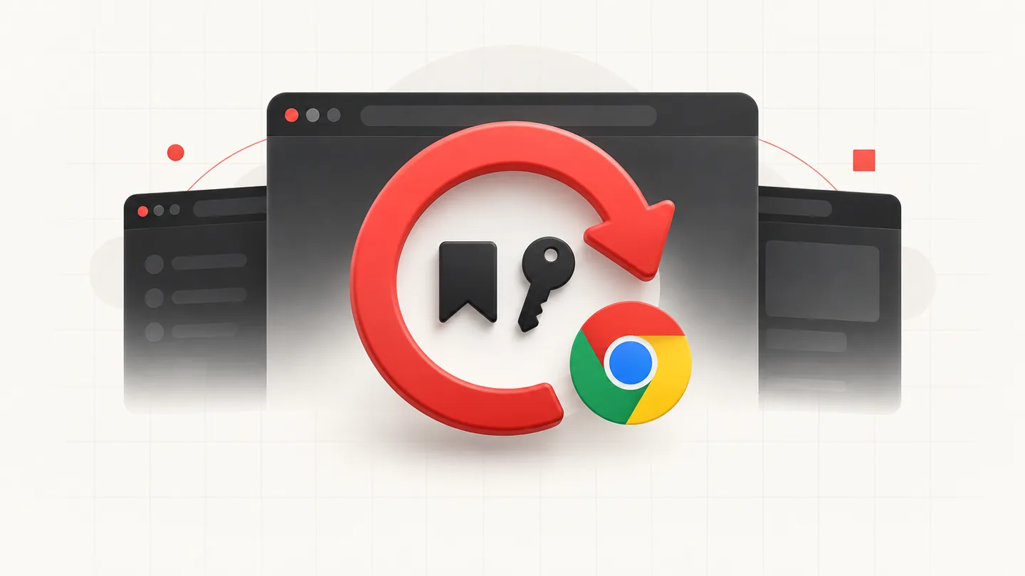 Reset Google Chrome: Fix Redirects, Crashes and Unwanted Settings (2026) 1 Illustration of Chrome settings being reset while a bookmark and saved password remain protected