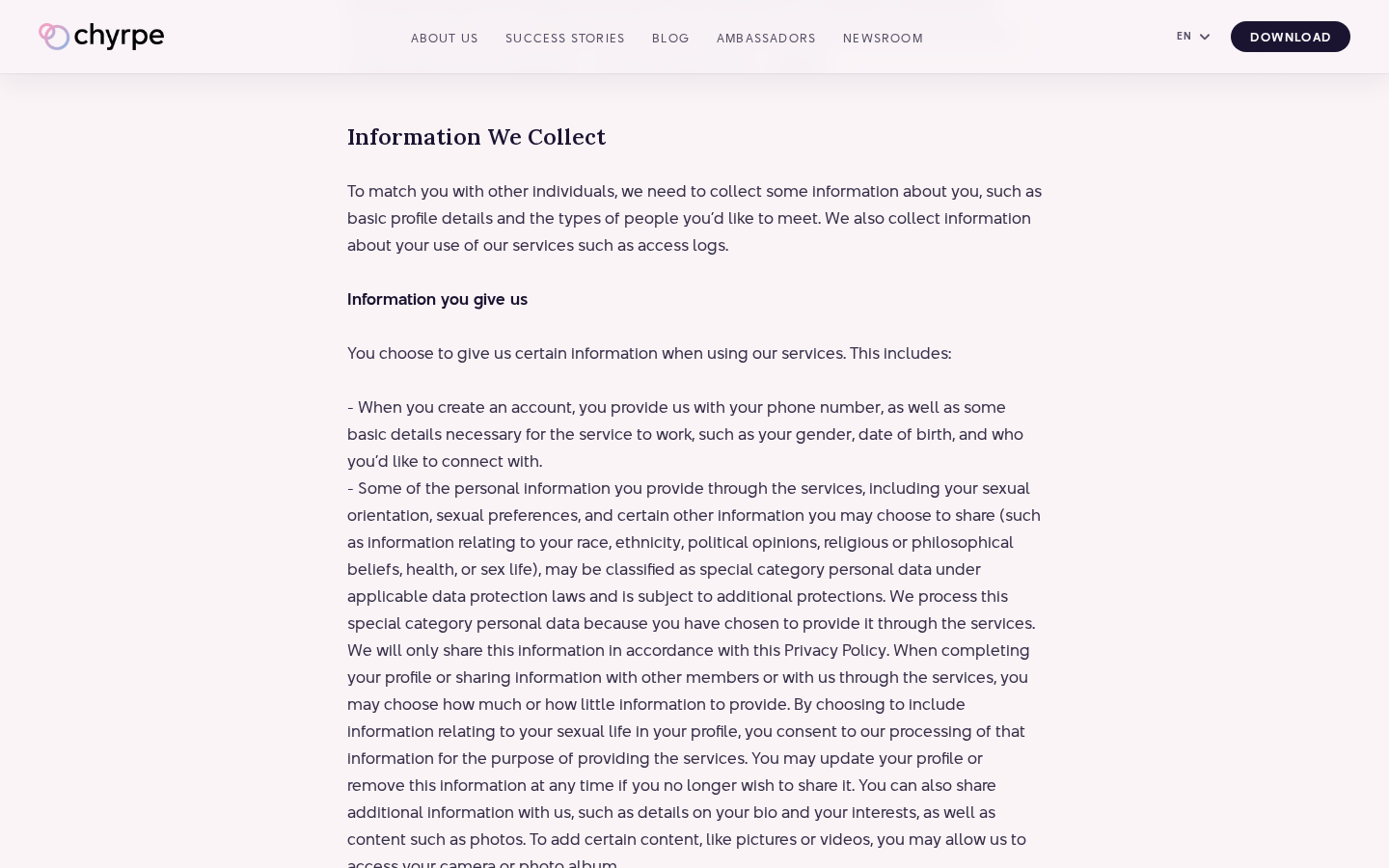 Chyrpe Reviews: Weekly Subscription Prices and Cancellation Risks Explained 2 Chyrpe privacy policy explaining information collection, sensitive profile details, and app-store payment processing