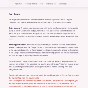 Chyrpe terms describing purchases, recurring subscriptions, cancellation, and refund provisions