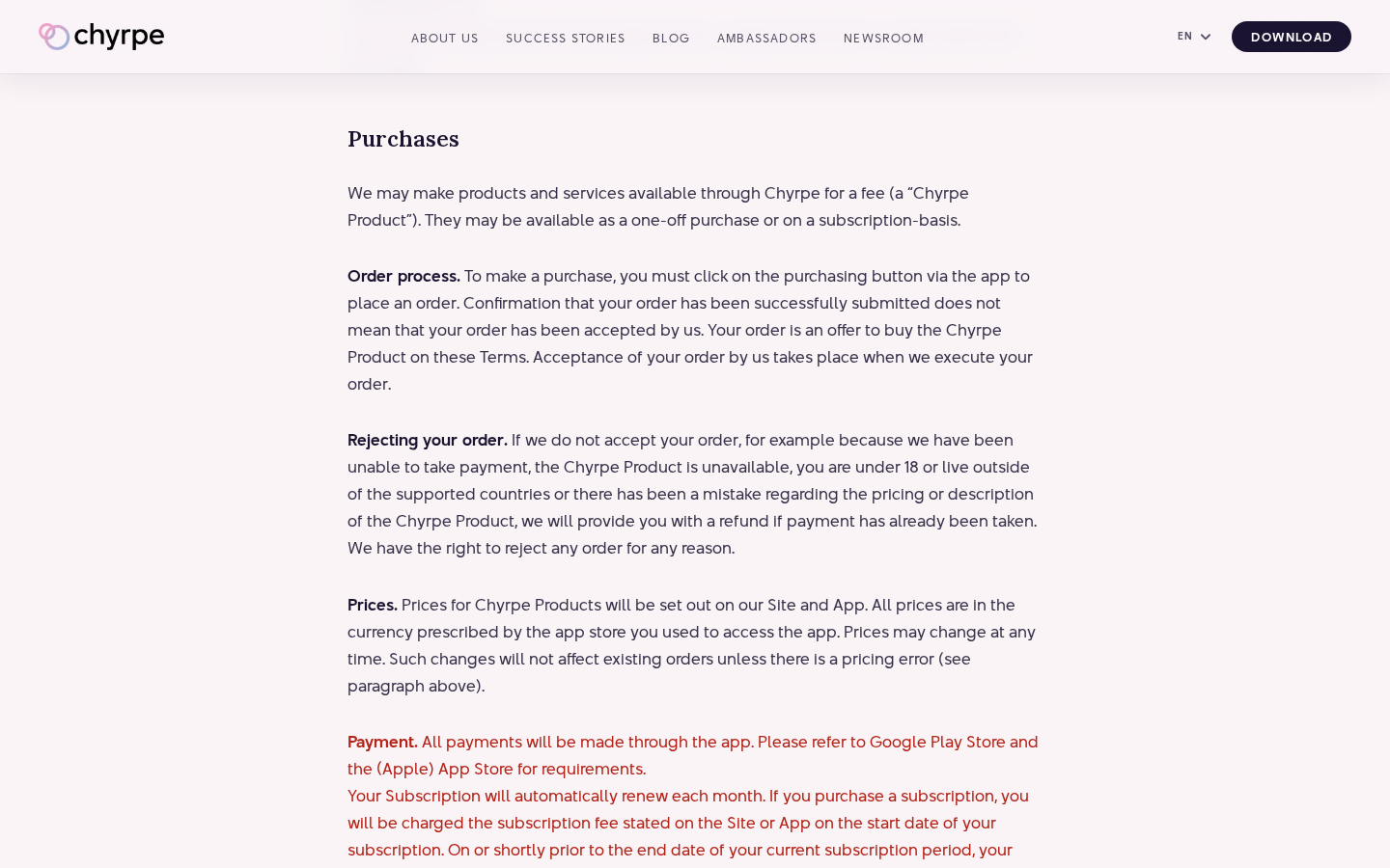 Chyrpe Reviews: Weekly Subscription Prices and Cancellation Risks Explained 1 Chyrpe terms describing purchases, recurring subscriptions, cancellation, and refund provisions