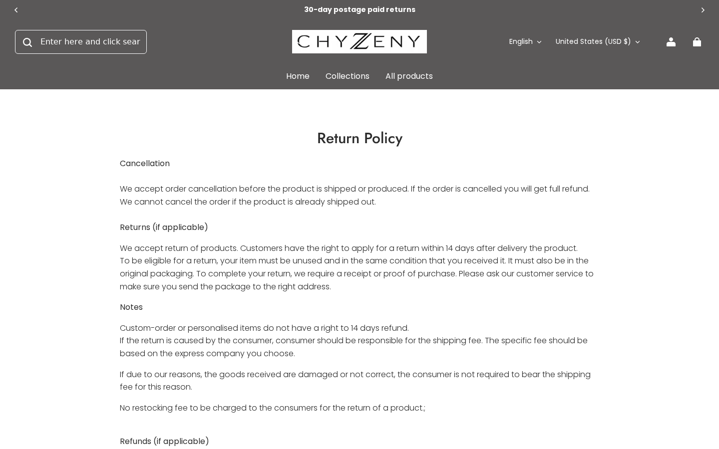 Chyzeny Review: 30-Day Return Promise Clashes With the 14-Day Policy Terms 2 Chyzeny written return policy specifying a 14-day request window and buyer-paid shipping for preference returns