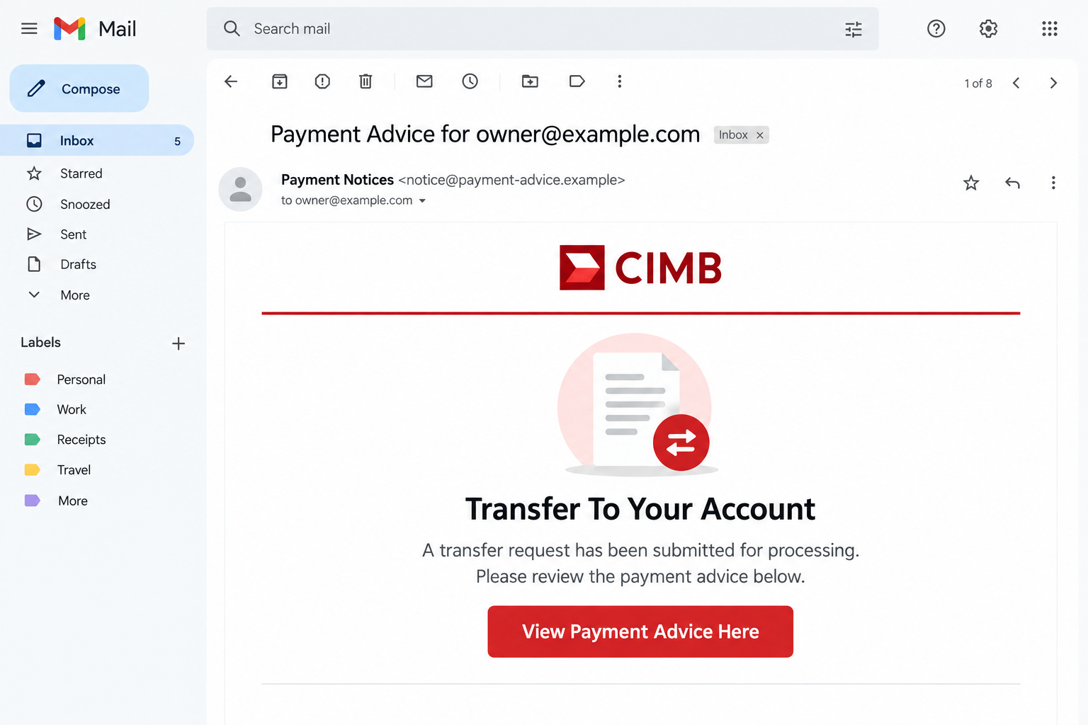 Illustrative fake CIMB transfer email with a payment-advice button and fictional sender and recipient addresses