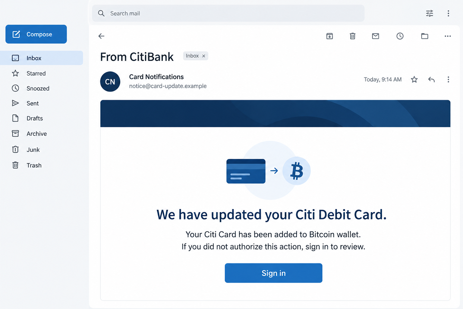 Citi Debit Card Update Email Scam: The Fake Bitcoin Wallet Sign-In Alert 1 Illustrative Citi debit-card update email claiming a Bitcoin wallet addition through a fictional notification address