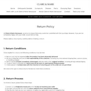 Claire and Marie return policy displaying a 30-day guarantee above instructions requiring contact within 14 days