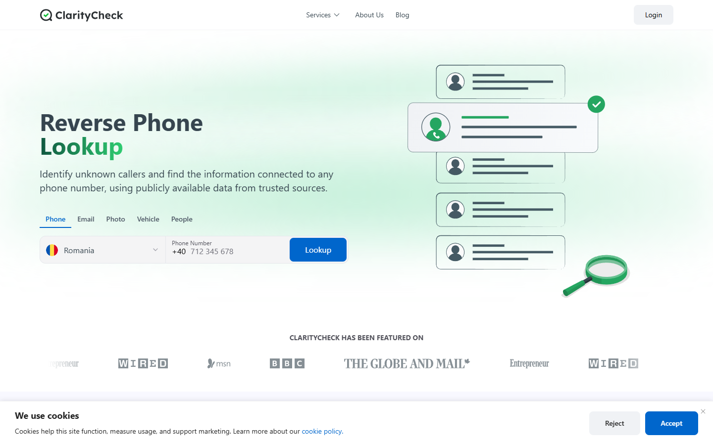 ClarityCheck Review: Reverse Lookup Trial, Renewal, and Refund Concerns 1 ClarityCheck homepage offering reverse phone and public record searches