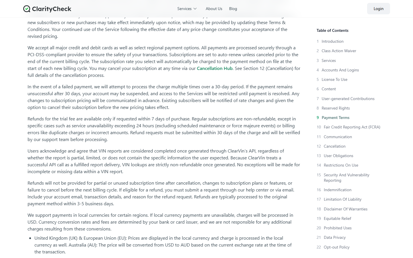 ClarityCheck Review: Reverse Lookup Trial, Renewal, and Refund Concerns 3 ClarityCheck payment terms detailing automatic renewal, cancellation, and limited refunds