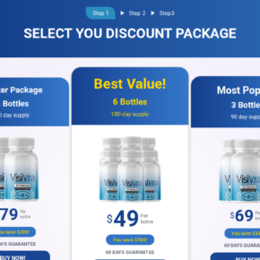VisiVra sales page displaying two, three and six bottle packages with per-bottle pricing