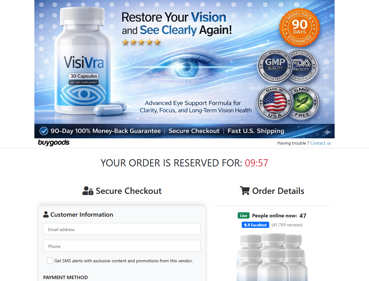 Clint Eastwood 7-Minute Vision Trick: VisiVra Claims and Checkout Reviewed 2 VisiVra checkout artwork showing a 90-day guarantee above the BuyGoods order form