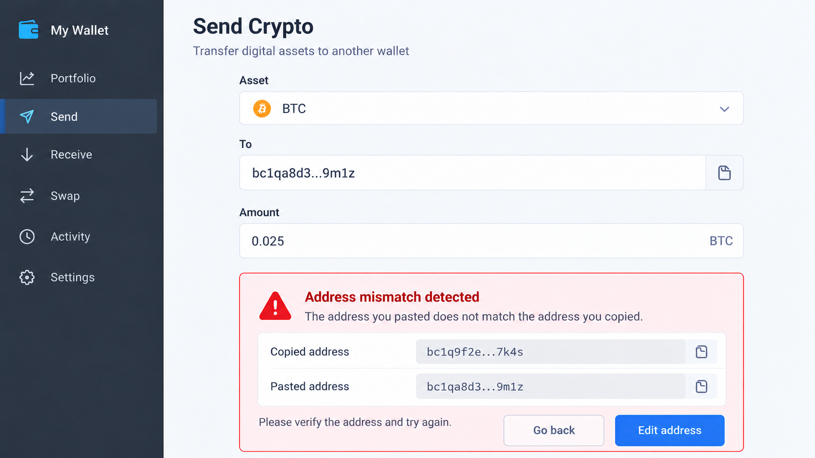Fake Crypto Sniper Bot Scam: Clipboard Hijacker and Wallet Theft Exposed 2 Illustrative wallet-address mismatch warning showing why pasted crypto destinations need independent checking