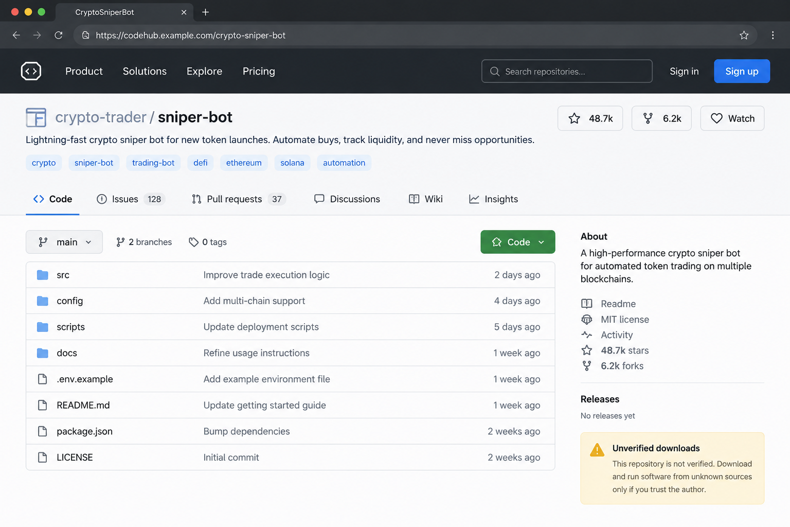 Fake Crypto Sniper Bot Scam: Clipboard Hijacker and Wallet Theft Exposed 1 Illustrative reconstruction of a fictional crypto bot repository with social-proof signals, not a screenshot of the investigated campaign