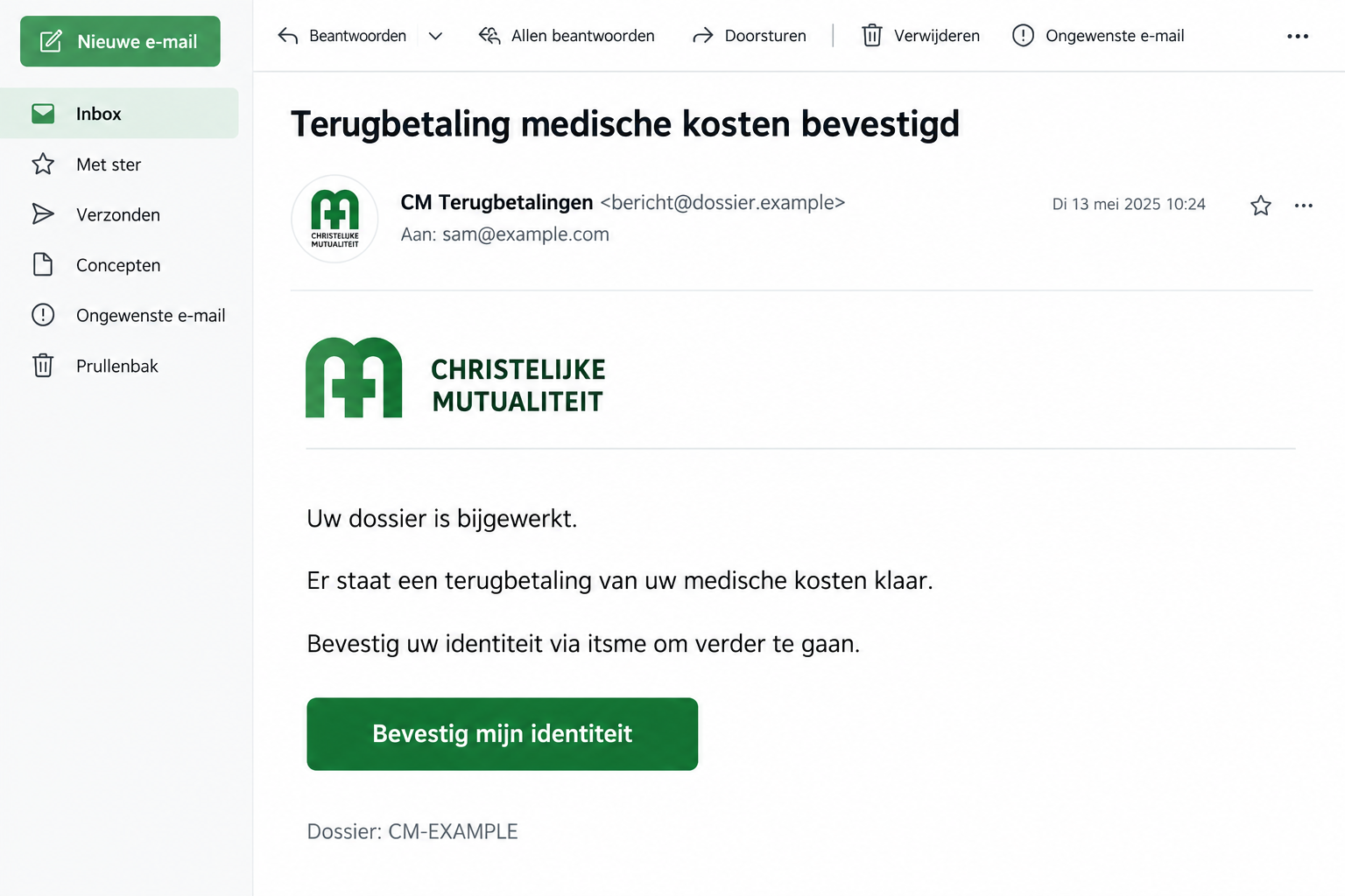Illustrative fake CM medical refund email asking the recipient to confirm identity through itsme