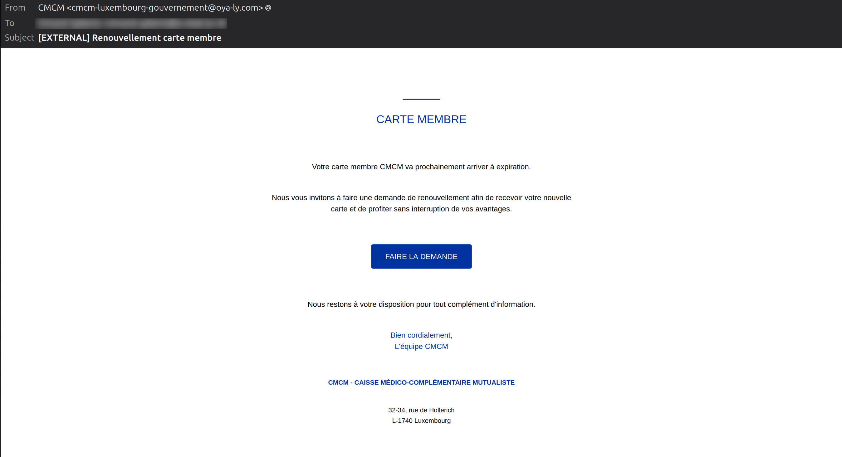 CMCM Card Renewal Email Scam: The €1.53 Fee That Wants Your Banking Login 1 Original fraudulent CMCM member card expiry email with a renewal request button and an unrelated sender address
