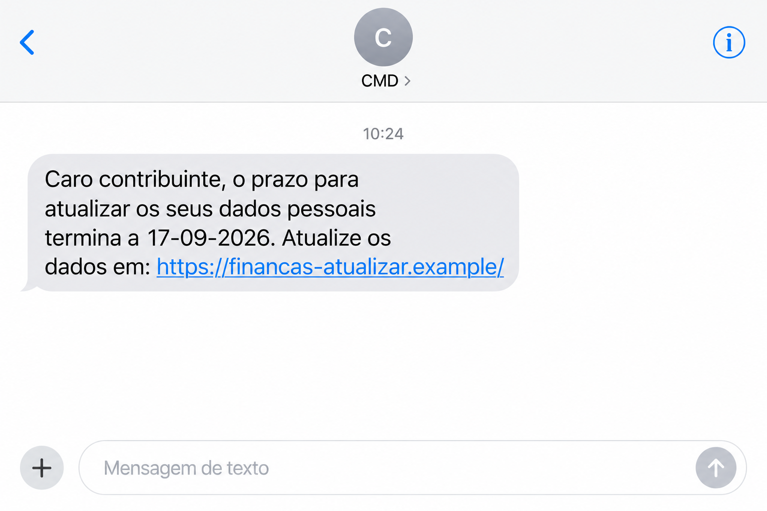 CMD Tax Update Text Scam: Fake Finanças Deadlines Steal Your Private Data 1 Illustration of a fake CMD tax-data update text with a fictional website address