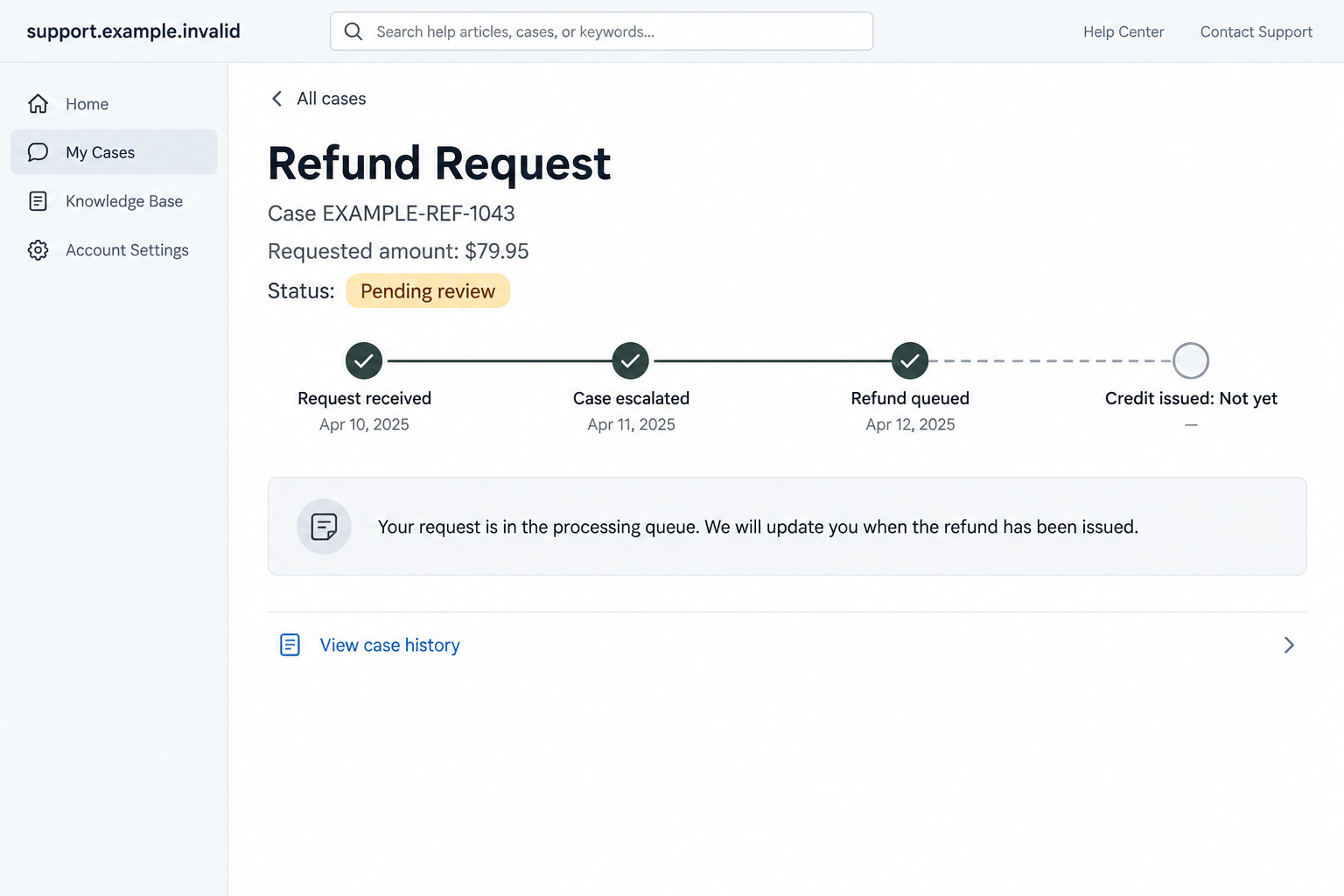 Illustrative fictional refund-status screen showing a pending request rather than a completed credit