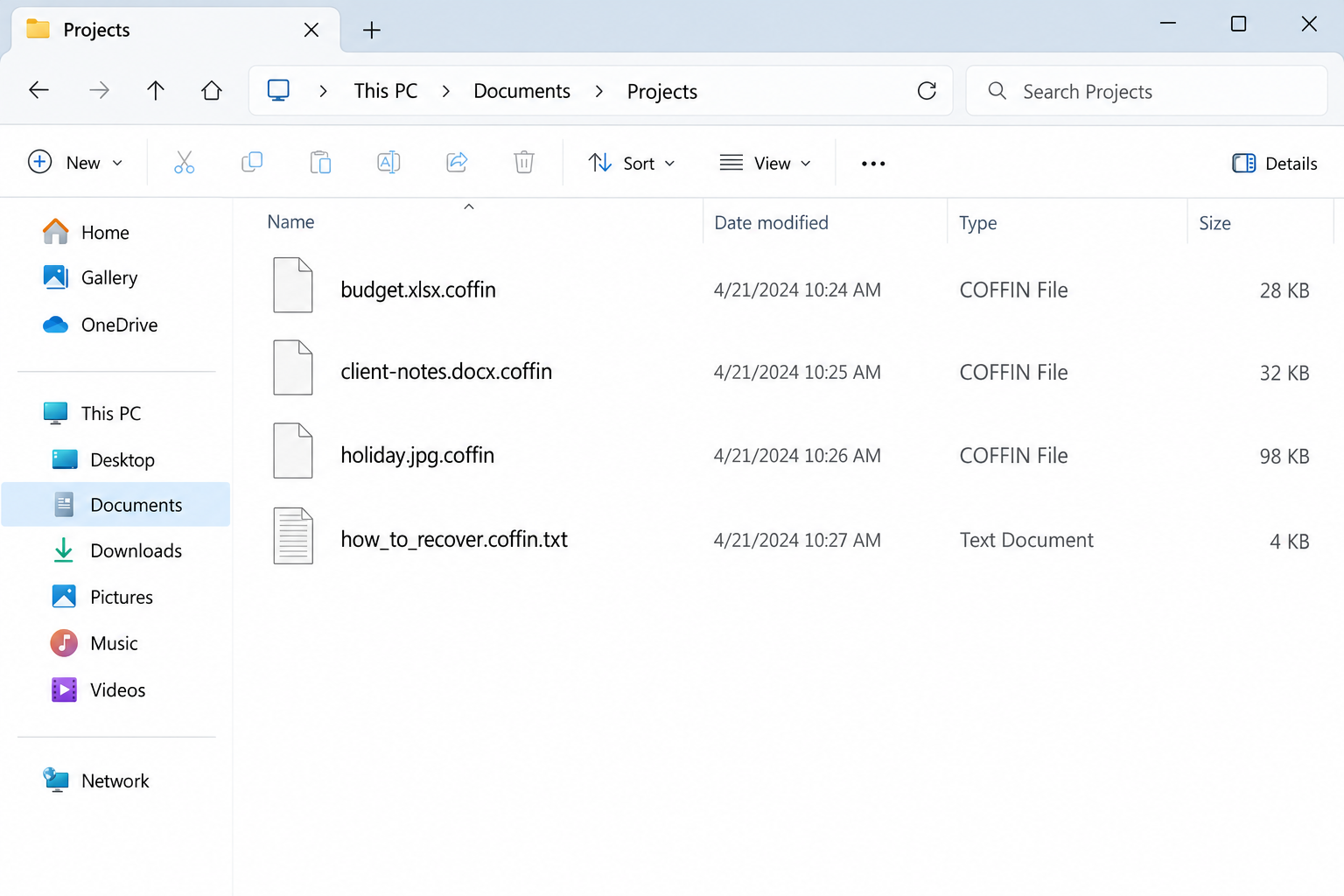 Illustrative Windows folder showing .coffin document names and how_to_recover.coffin.txt