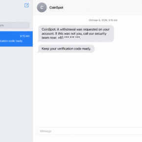 Illustrative fictional CoinSpot withdrawal text requesting a call to a masked support number and a verification code