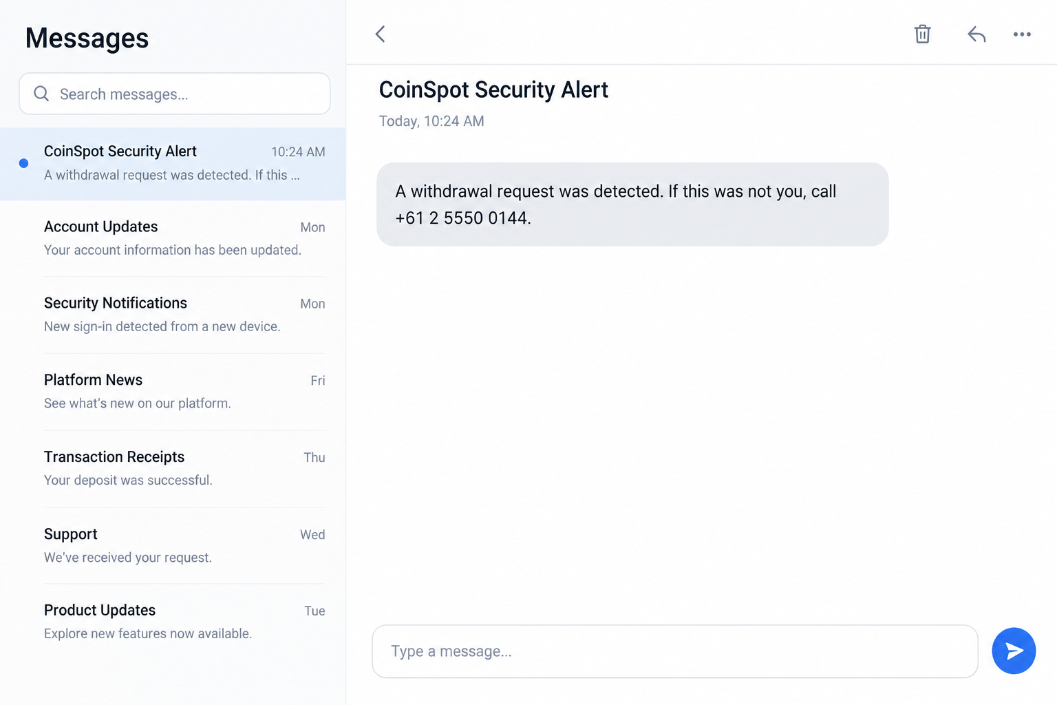 CoinSpot Security Alert Scam: Fake Withdrawal Texts and a Callback Trap 1 Illustrative flat-screen reconstruction of a fake CoinSpot withdrawal alert with a callback number