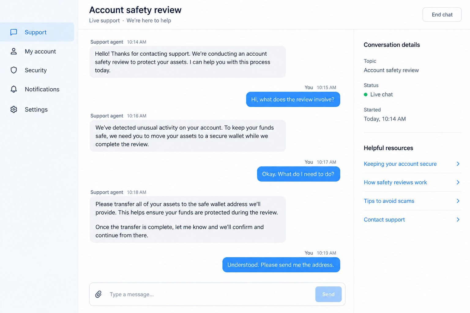 CoinSpot Security Alert Scam: Fake Withdrawal Texts and a Callback Trap 2 Illustrative reconstruction of a fake CoinSpot support chat urging a transfer to a supposed safe wallet