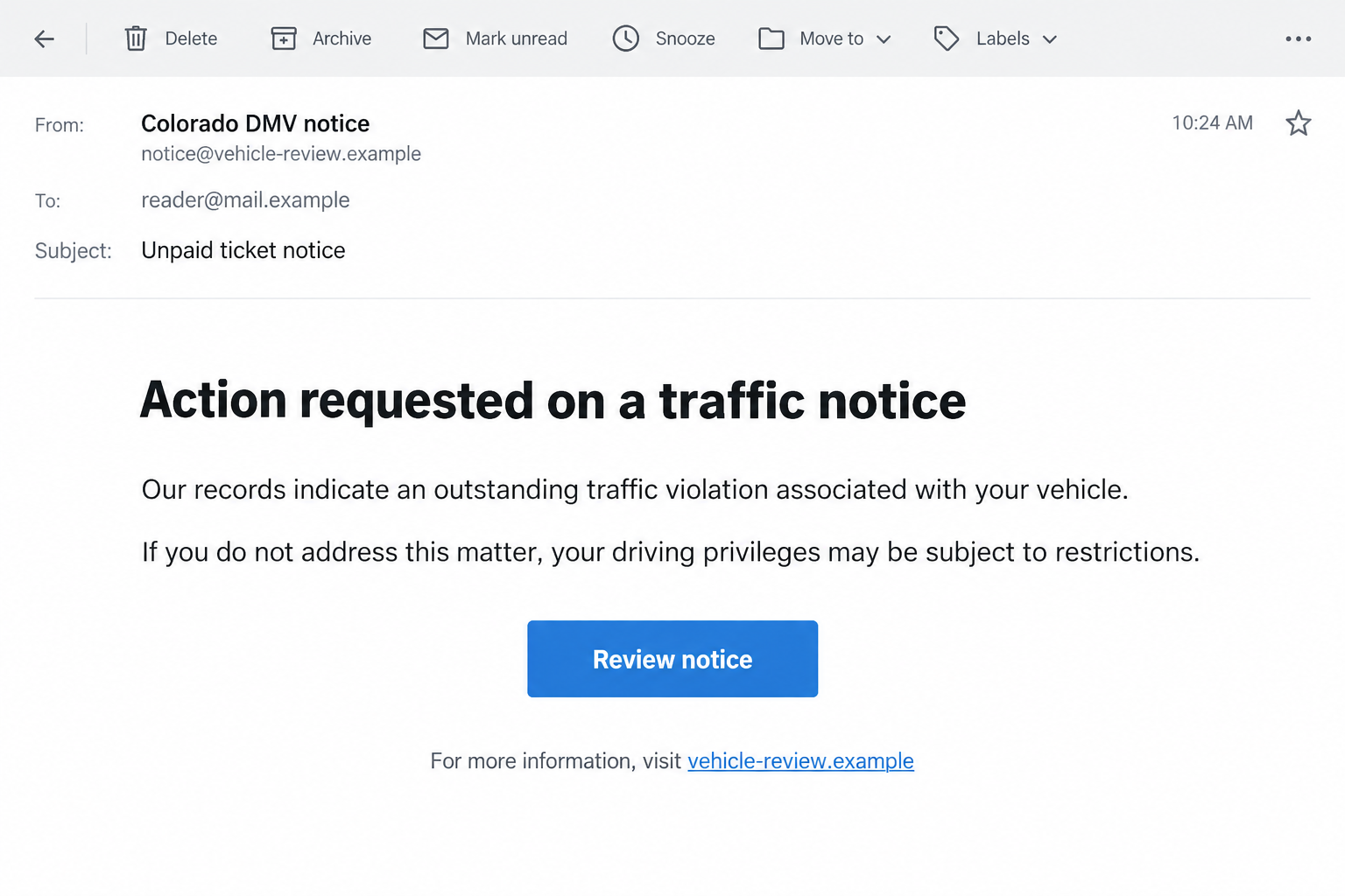 Illustrative Colorado DMV impersonation email alleging an unpaid violation and linking to a fictional example-domain notice page
