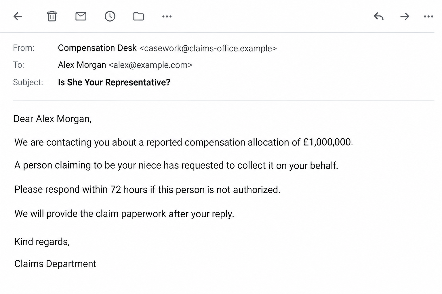 Illustrative compensation email alleging a niece may collect a £1 million allocation, using fictional sender and recipient details