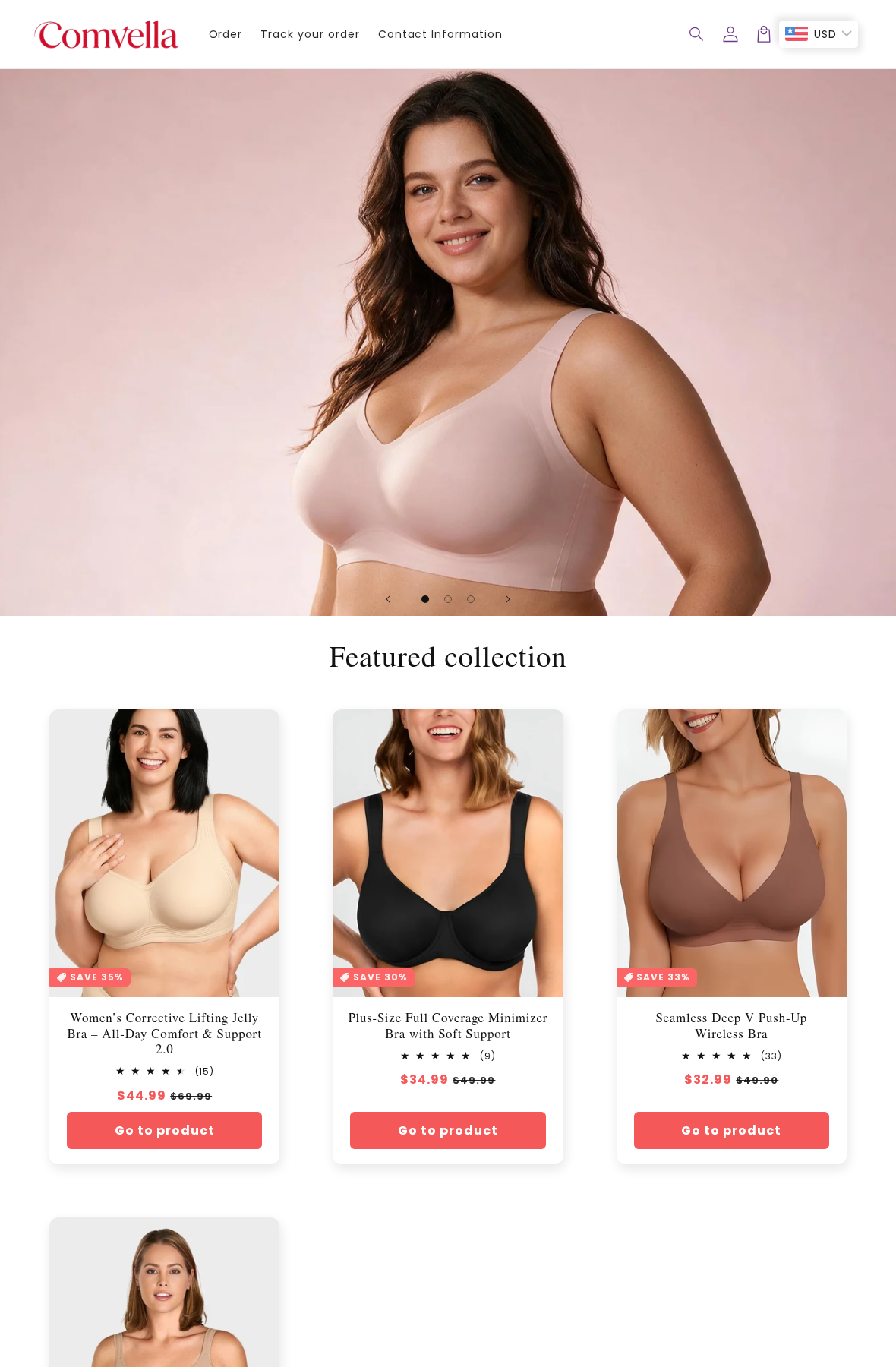 Comvella Review: Free Return Claims, Lingerie Exclusions and Buyer Risks 1 Comvella storefront showing discounted bras and its featured lingerie collection