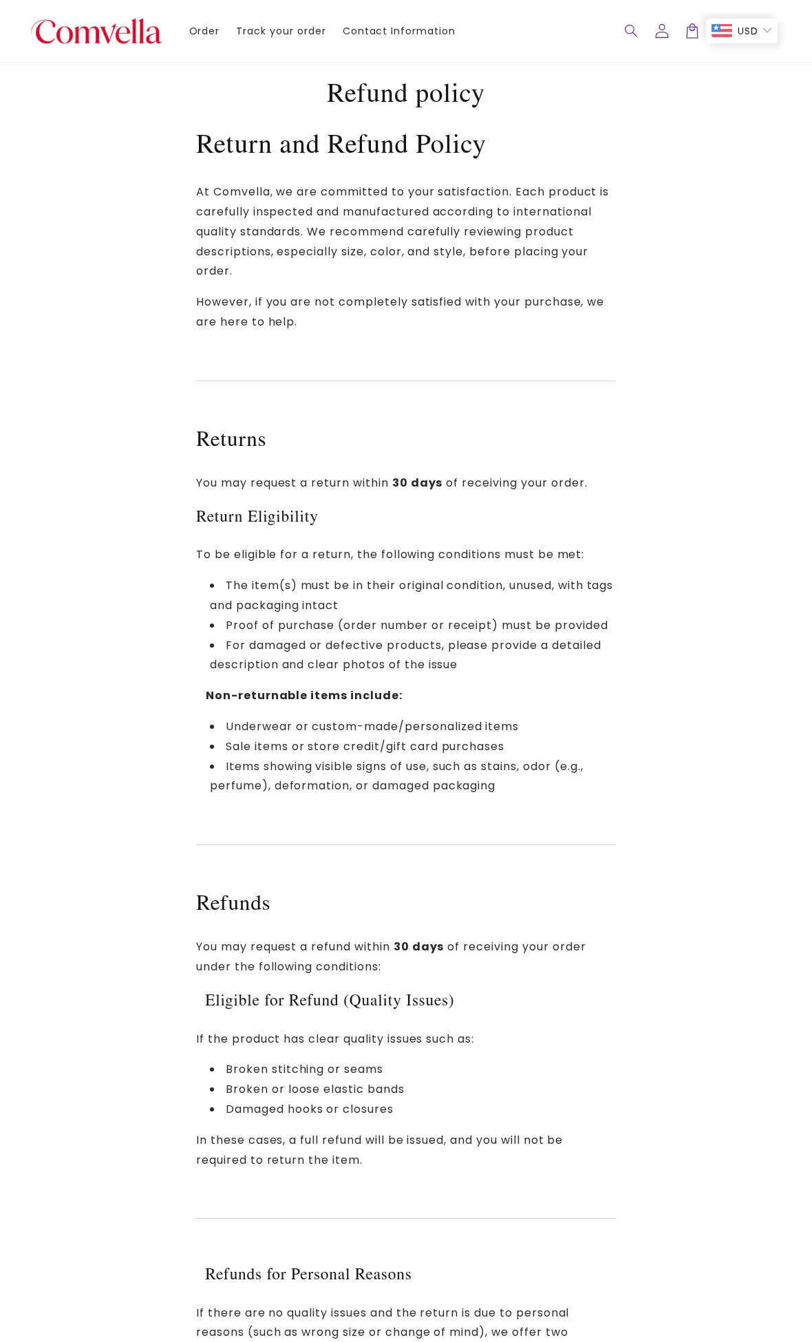 Comvella Review: Free Return Claims, Lingerie Exclusions and Buyer Risks 2 Comvella return policy listing underwear and sale exclusions and separate quality-issue refund rules