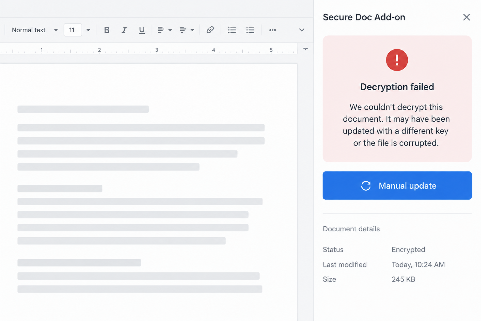 Fake Conference Planning Google Doc Scam: Malware Update Trick Exposed 2 Illustrative reconstruction of a failed document decryption prompt and manual update lure, not an actual attack screenshot