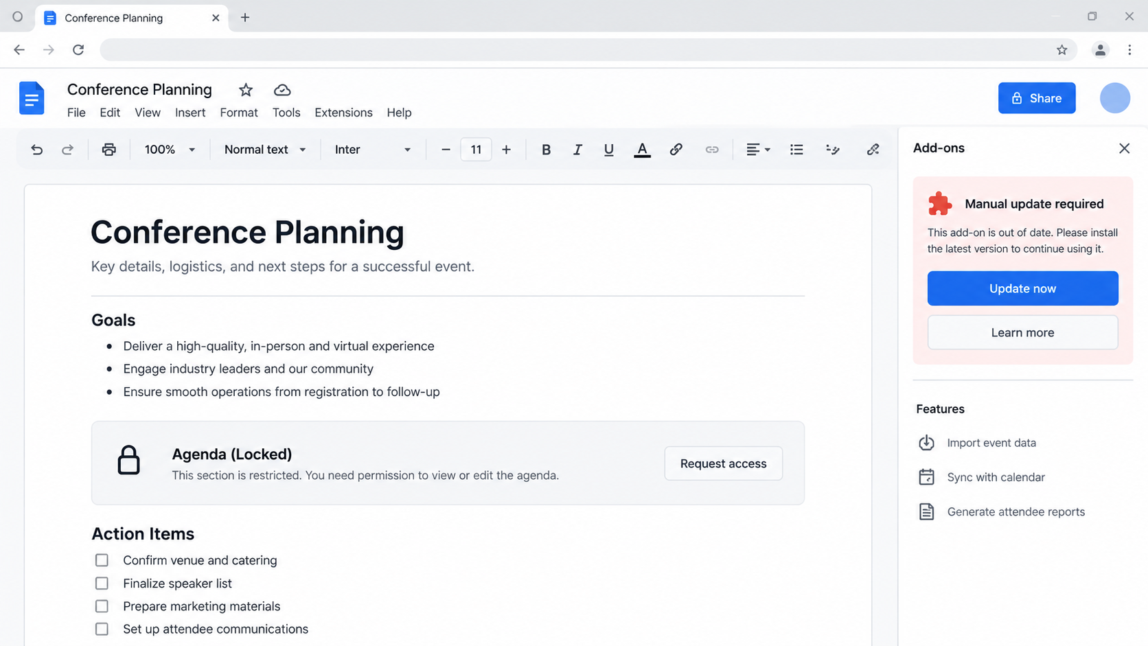 Fake Conference Planning Google Doc Scam: Malware Update Trick Exposed 1 Illustrative reconstruction of a conference document with an unexpected update panel, not an actual attack screenshot