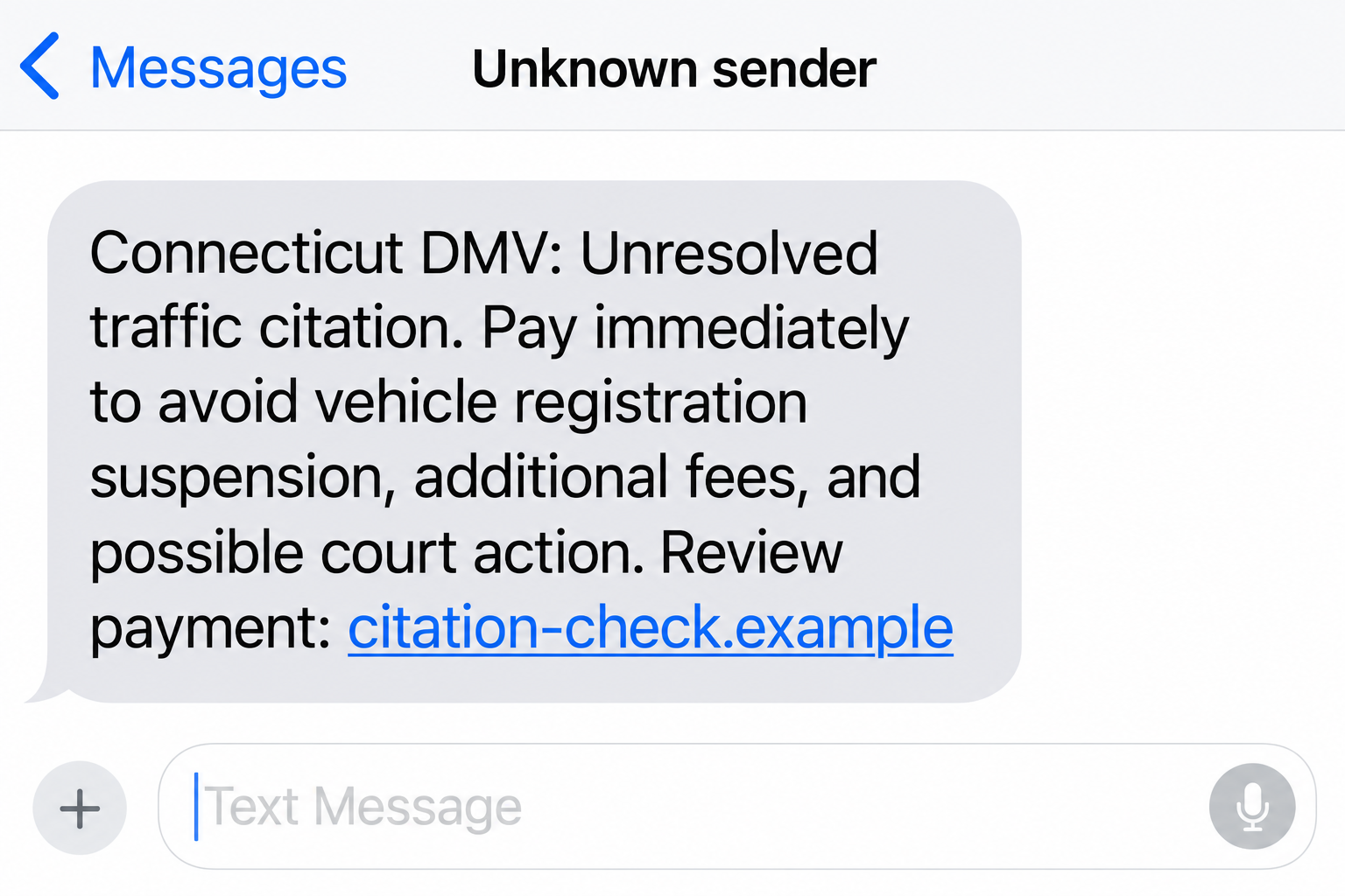 Illustrative Connecticut DMV phishing text threatening registration suspension and directing the reader to a nonfunctional example payment address