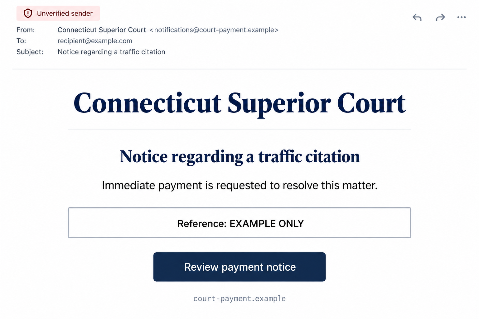 Connecticut Superior Court Scam: Fake Fines and Bogus Legal Help Explained 1 Illustrative Connecticut Superior Court payment notice with an example-only reference and nonfunctional payment address