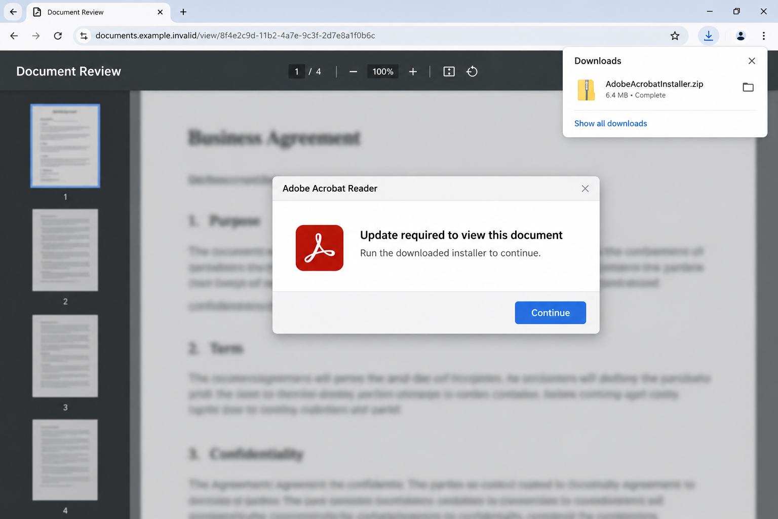 Illustrative document viewer demanding an Acrobat update while AdobeAcrobatInstaller.zip appears in the download tray