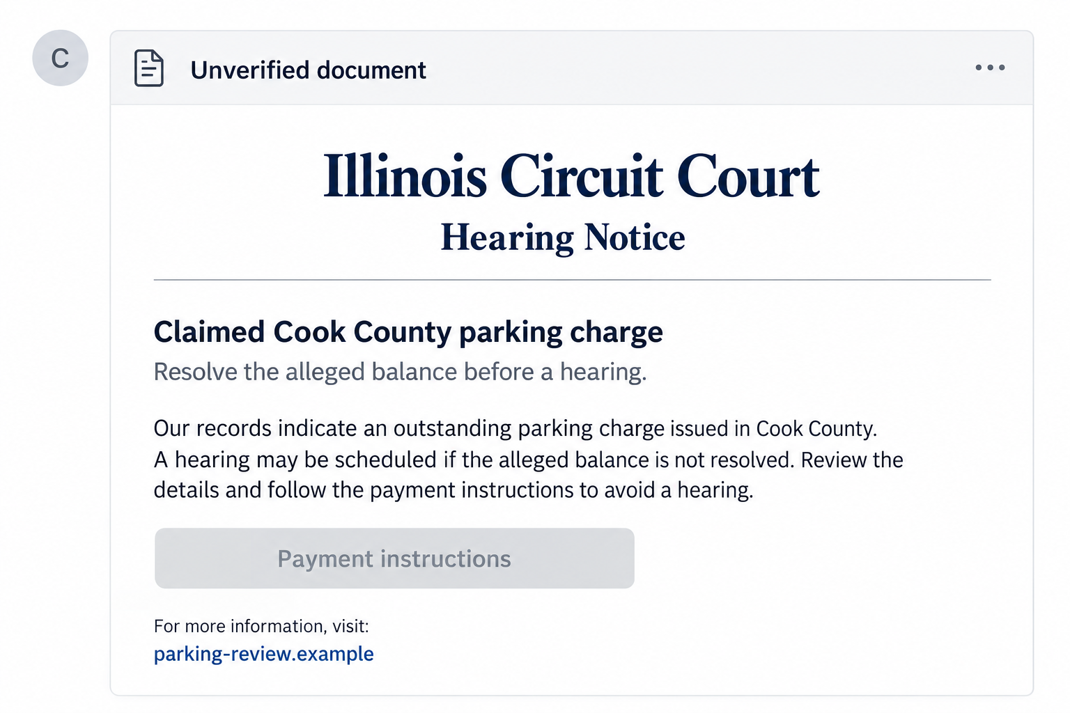 Cook County Court Notice Scam: Fake Parking Hearings and QR Payment Traps 1 Generated illustration of a fake Cook County parking hearing notice with an inactive example payment destination and no real case details