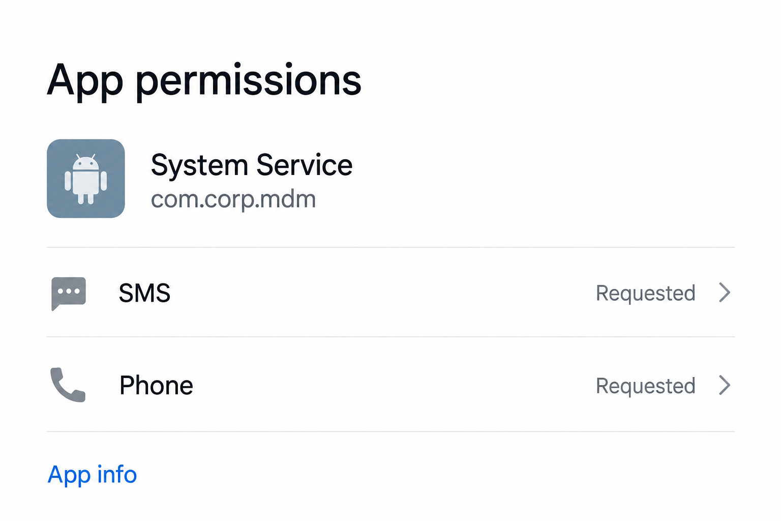 Illustrative Android permissions screen for System Service with package com.corp.mdm requesting SMS and phone access