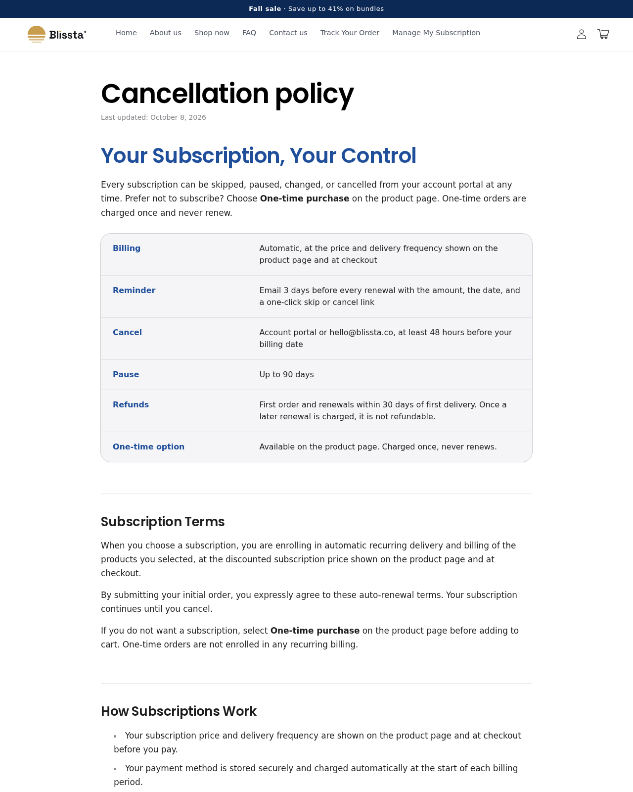 Corvael and Corbel EXPOSED: Nattokinase Claims, Refills and Refund Rules 2 Blissta subscription policy describing automatic billing, a one-time option and the 48-hour cancellation deadline