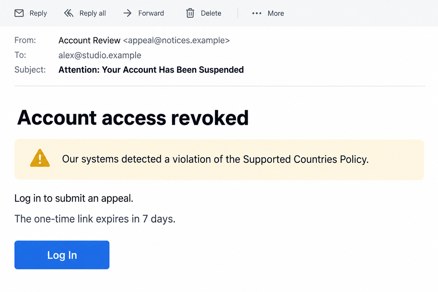 Supported Countries Policy Email Scam: Fake Suspension and Appeal Login 1 Illustrative account suspension email invoking a Supported Countries Policy and offering a seven-day appeal link