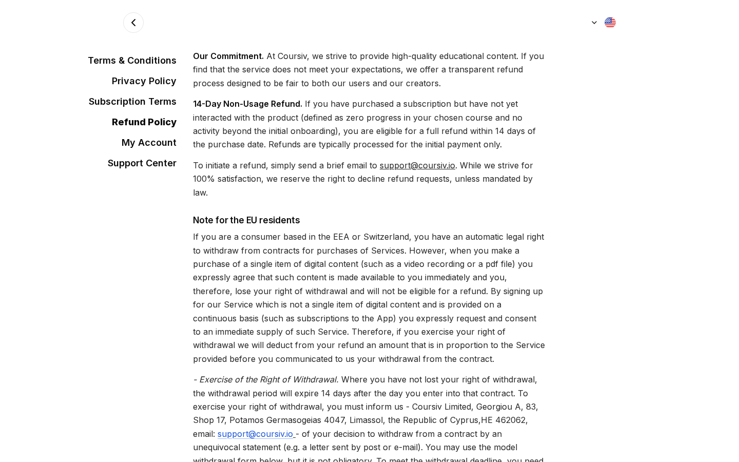 Coursiv Reviews: AI Course Subscriptions, Renewal Charges and Refund Rules 2 Coursiv refund policy describing a 14-day non-usage condition and initial-payment limitation
