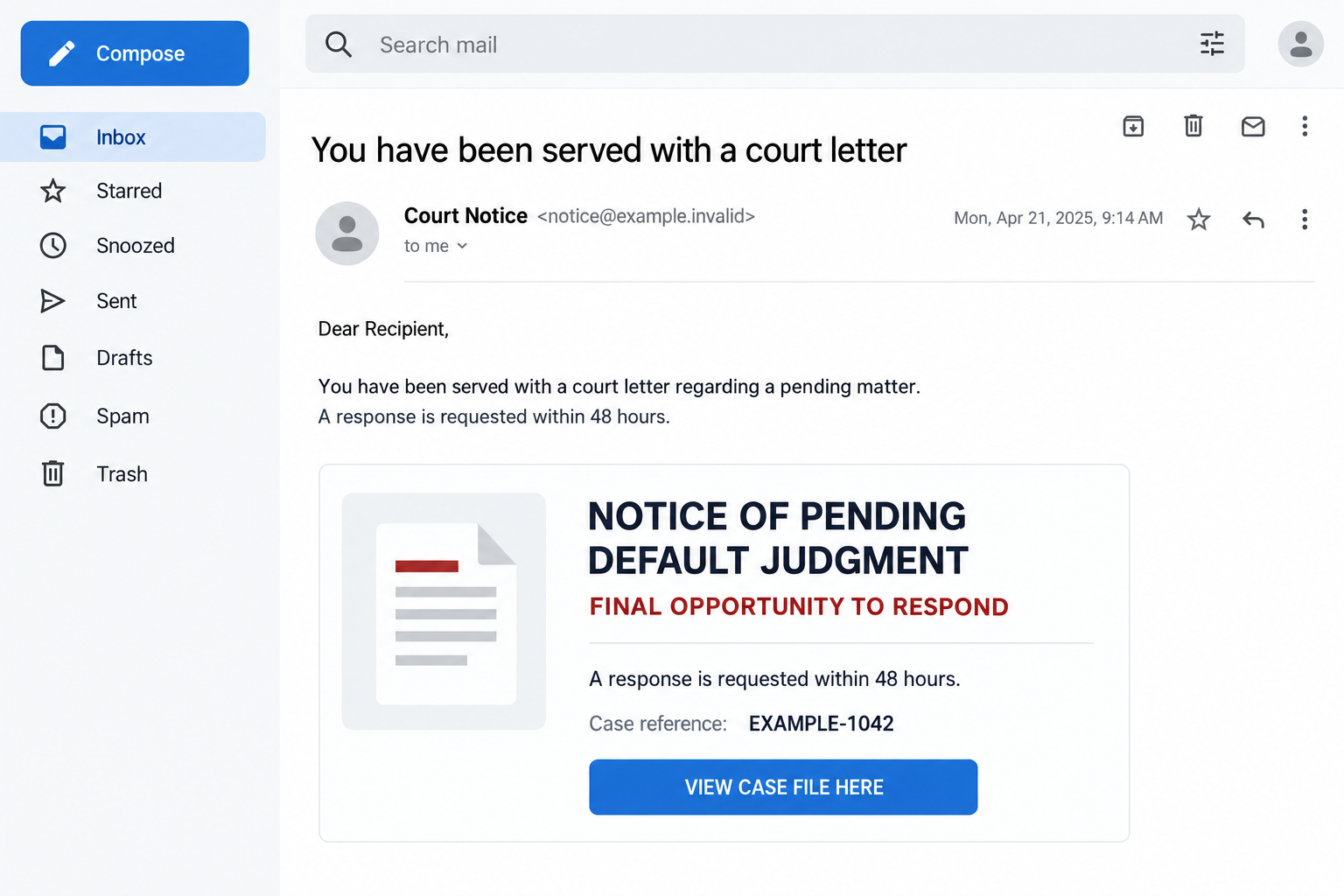 Illustrative court-letter email with a pending-default notice, fictional case reference, and case-file button