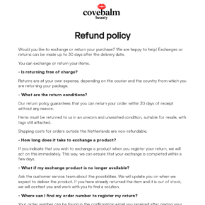CoveBalm refund policy using unworn, unwashed, and tags-attached return conditions