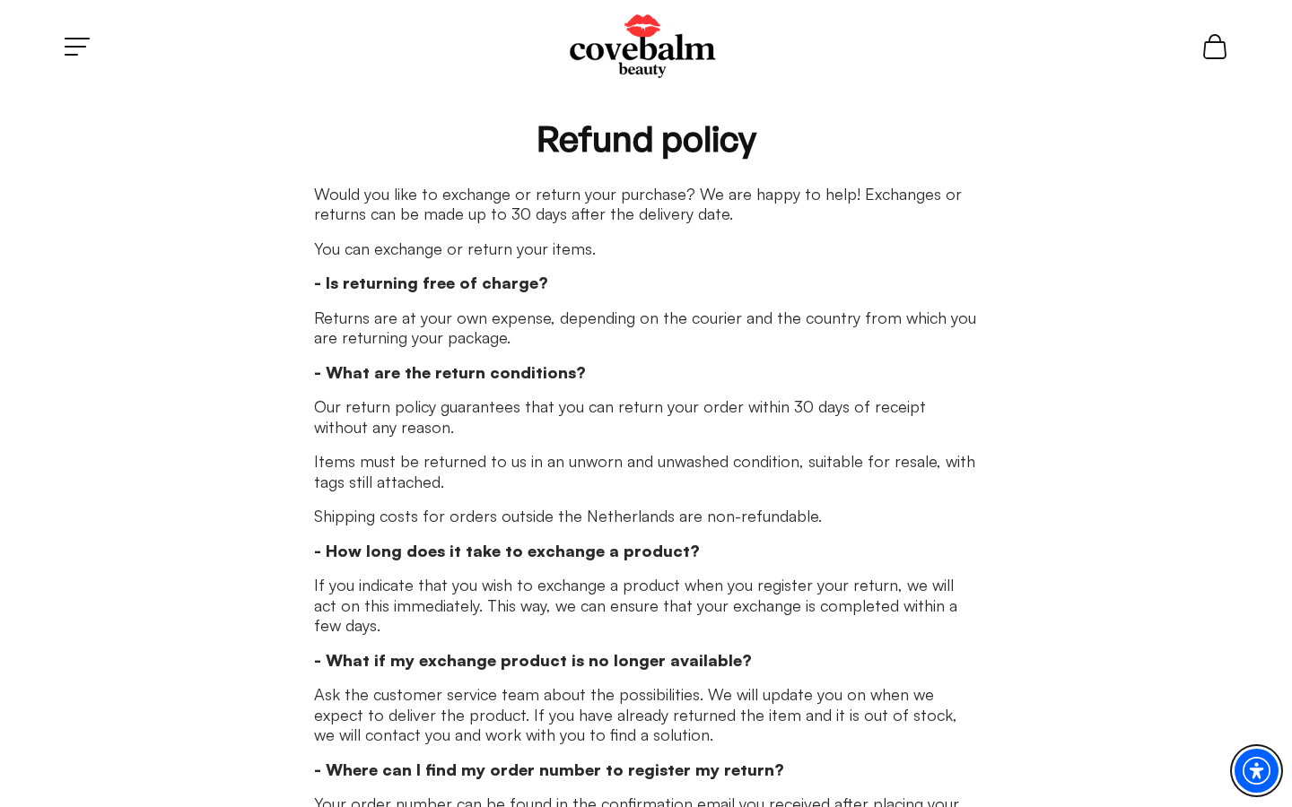 CoveBalm refund policy using unworn, unwashed, and tags-attached return conditions