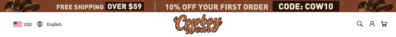 Cowgirl Elf: Scam or Legit? Made in Texas Claims and Cowgirl Wear Reviews 2 Cowboy Wear banner offering free shipping over $59 and 10% off a first order using the COW10 code