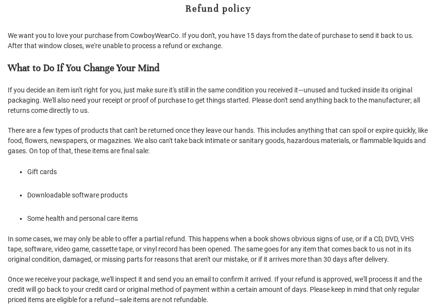 Cowgirl Elf: Scam or Legit? Made in Texas Claims and Cowgirl Wear Reviews 3 Cowboy Wear refund policy with a 15-day purchase-based period and an exclusion for sale-item refunds