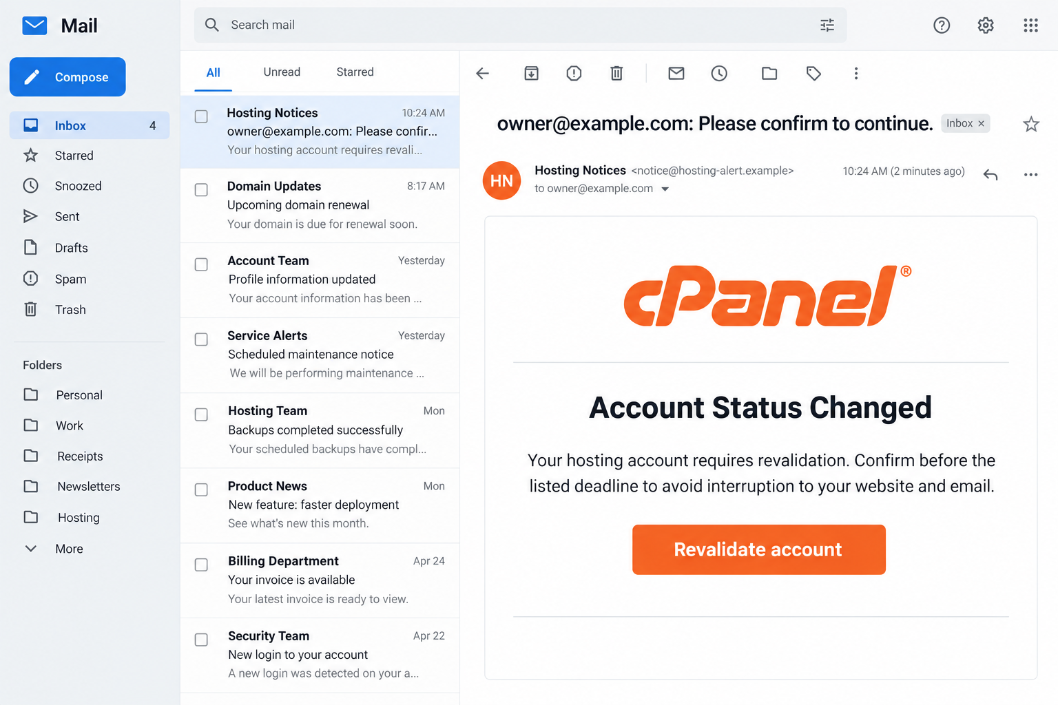 cPanel Account Status Changed Email Scam: Fake Revalidation Alert Exposed 1 Illustrative cPanel status-change email asking a fictional account owner to revalidate hosting access