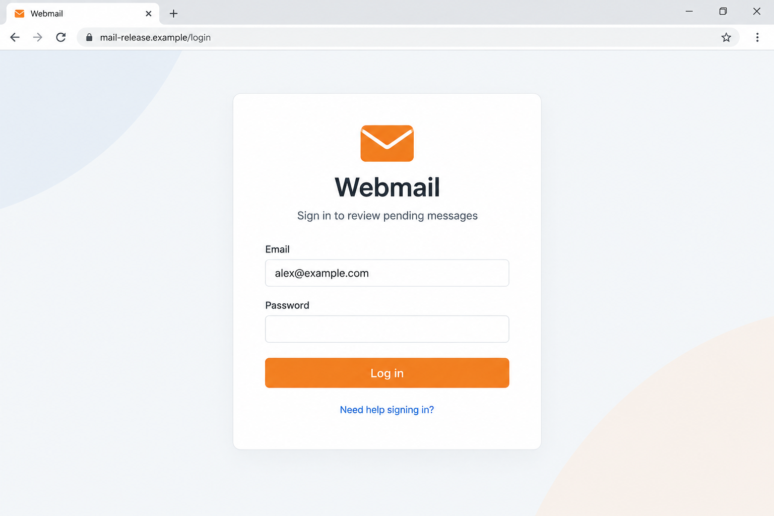 cPanel Temporary System Failure Email Scam: Fake Mail Release Links Exposed 2 Hypothetical hosted webmail login requesting credentials after a fake mail release notice, using a fictional hostname