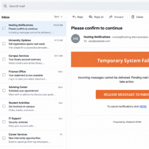 Illustrative cPanel-style temporary system failure email with mail release and cancel-notification links