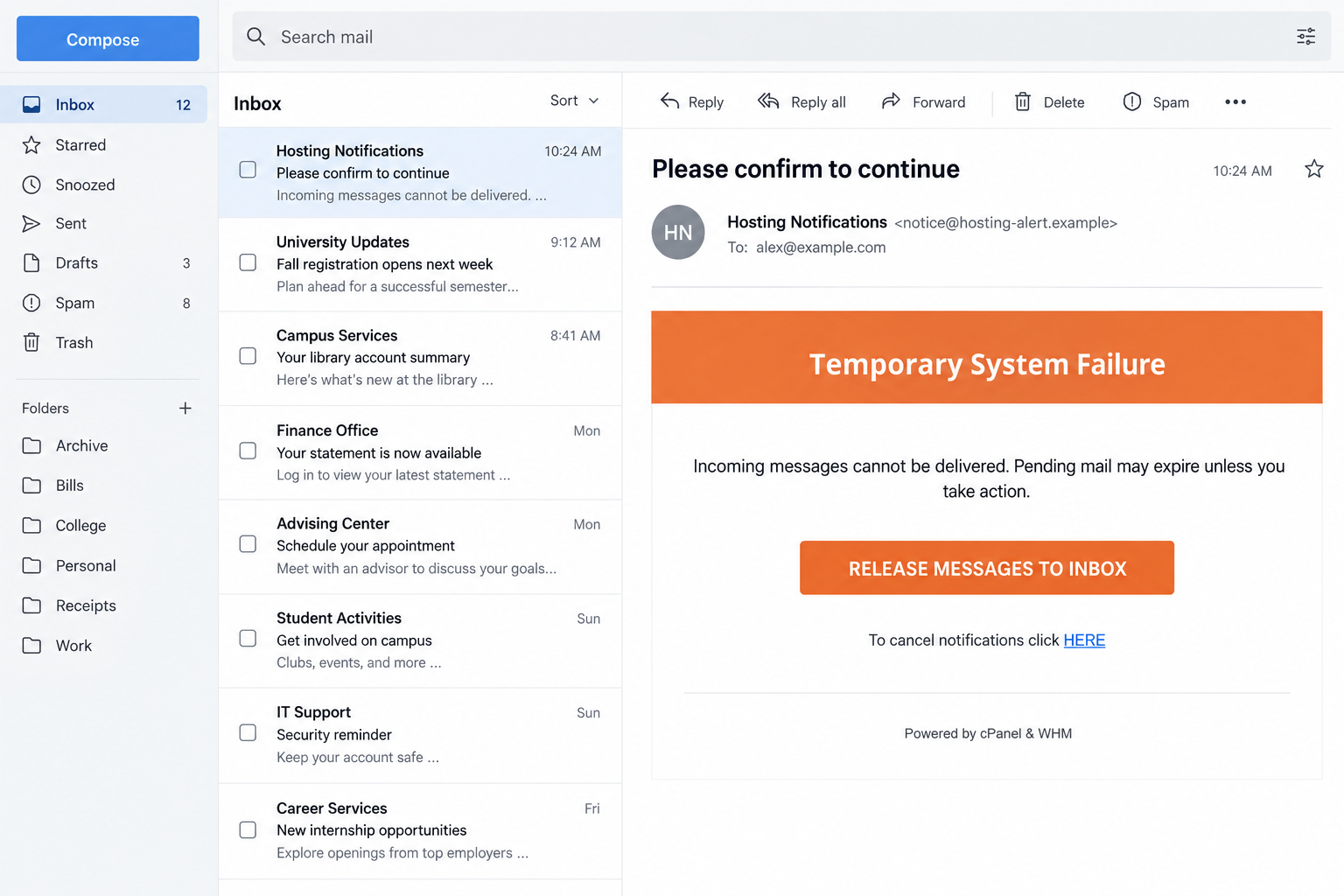 cPanel Temporary System Failure Email Scam: Fake Mail Release Links Exposed 1 Illustrative cPanel-style temporary system failure email with mail release and cancel-notification links