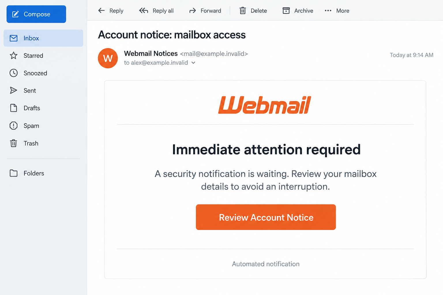 cPanel Security-Related Issue Email Scam: Fake Mailbox Shutdown Warning 1 Illustrative webmail security email with an orange Review Account Notice button